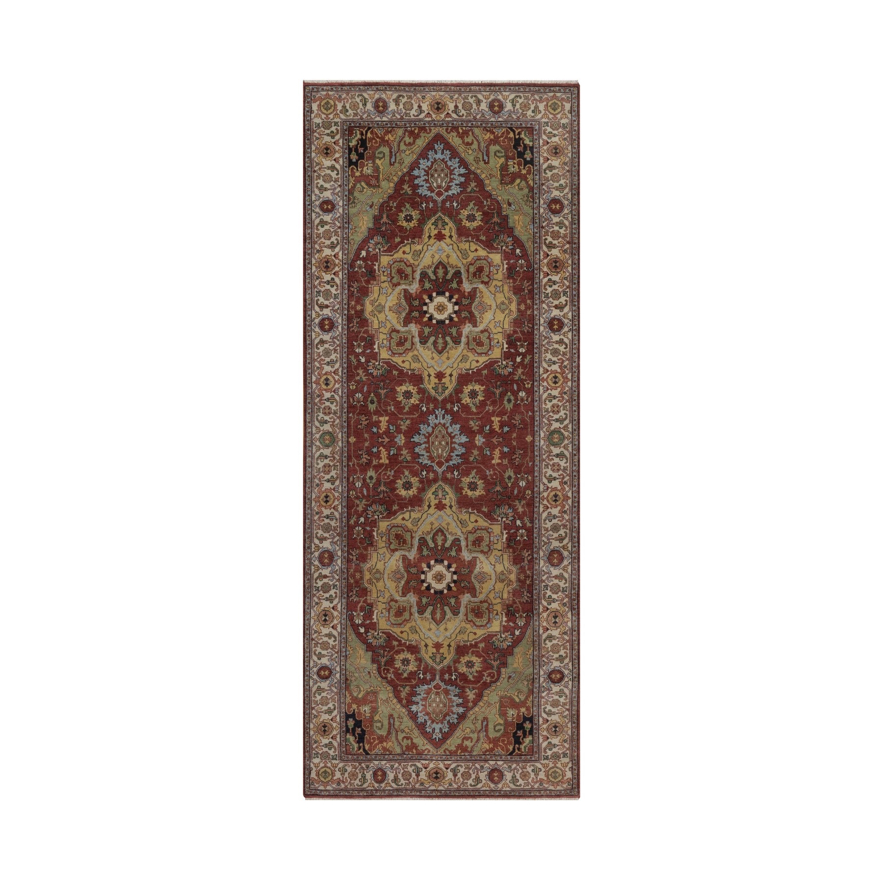 4'x10'3" Barn Red, Antiqued Fine Heriz Re-Creation with Medallions Design, Hand Knotted, Hand Spun New Zealand Wool, Denser Weave, Vegetable Dyes, Wide Runner, Oriental Rug 